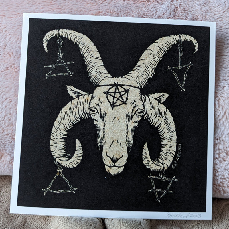 cool art print of a goat wearing a pentagram and other dark symbols