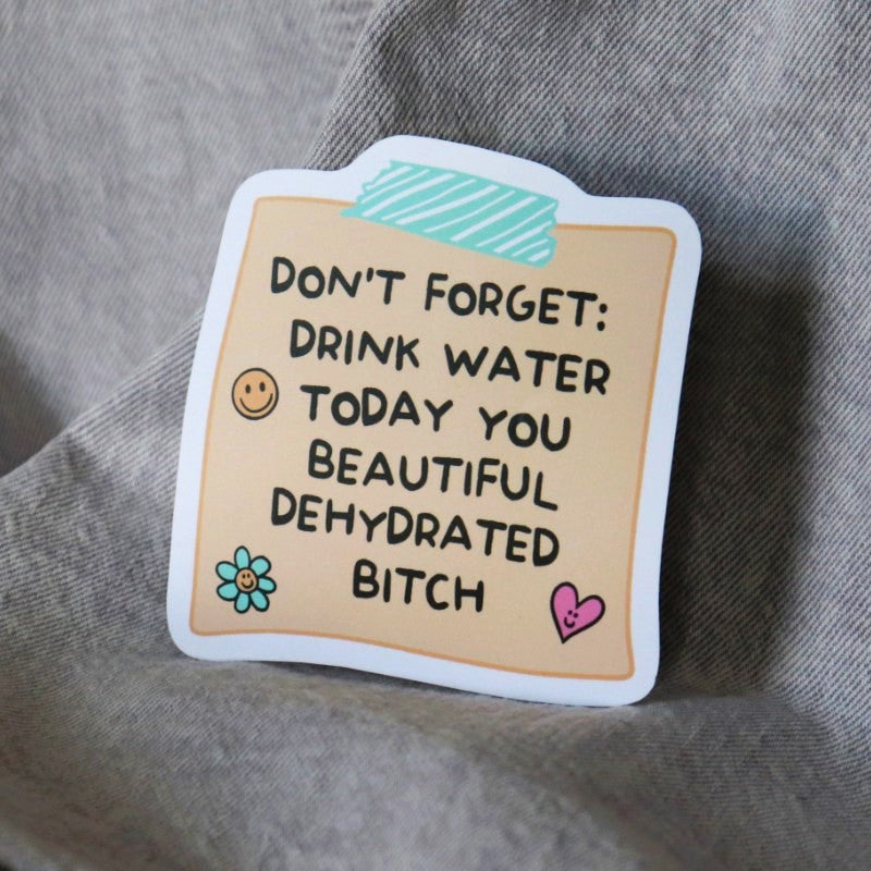 a sticker of a sticky note that says "don't forget to drink water today you beautiful dehydrated bitch"