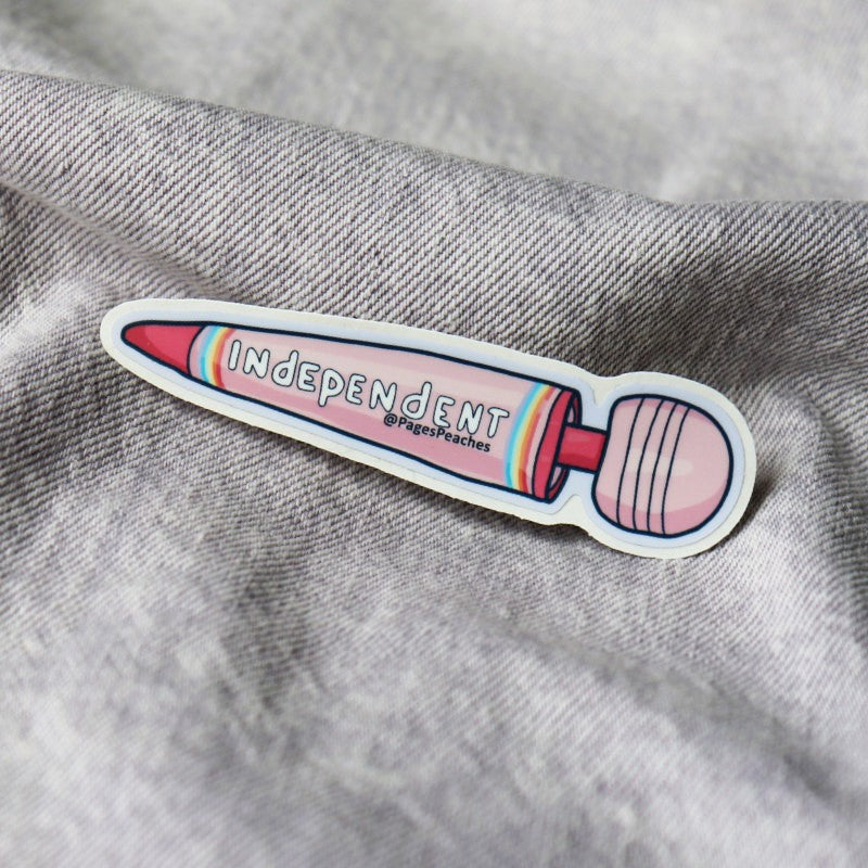 small sticker of a vibrator and the word "independent"