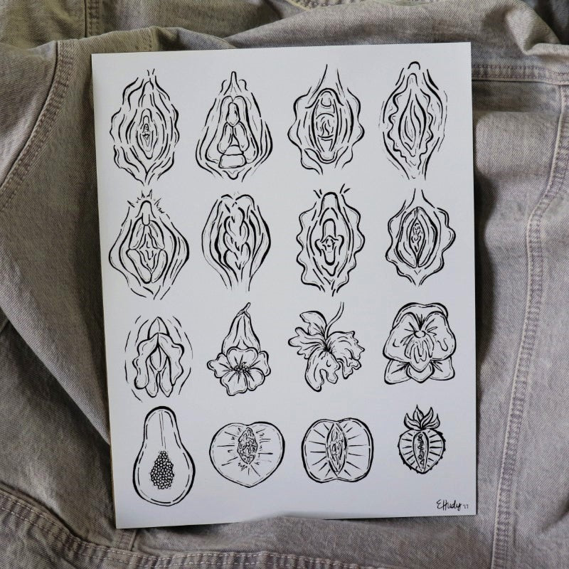 an art print depicting fruits, flowers, and vulvas