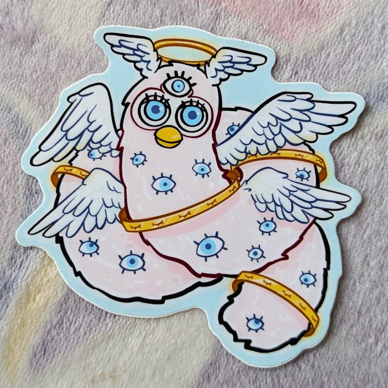 funny sticker depicting a "biblically accurate angel" version of long furby