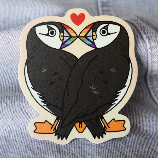 cute gay pride sticker with two male puffins facing each other