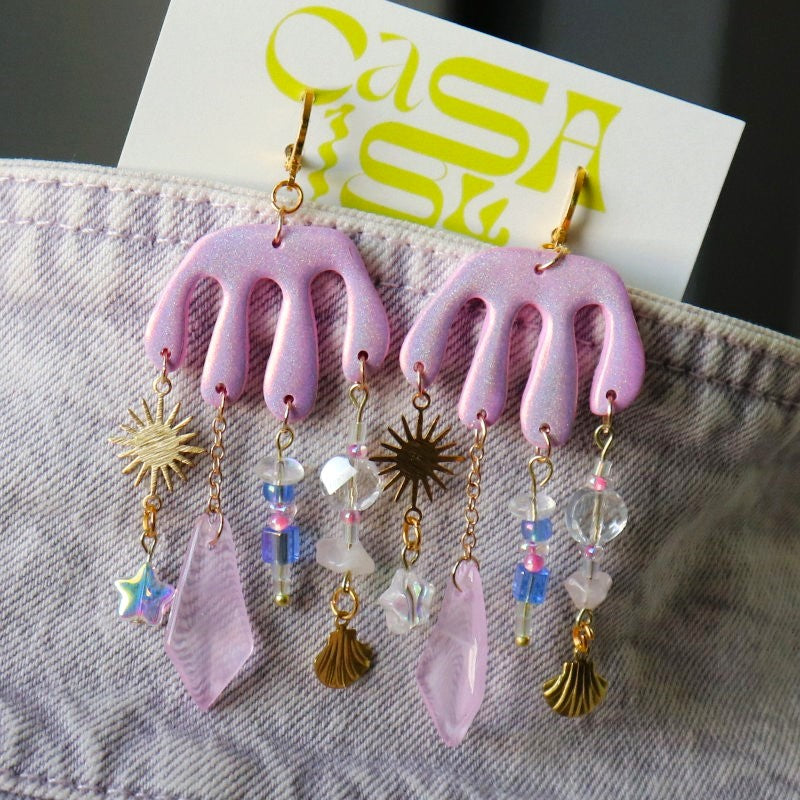 iridescent polymer clay earrings with dangling chains and beads