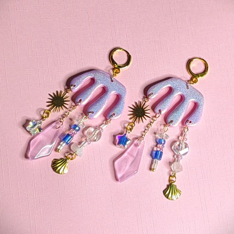 iridescent polymer clay earrings with dangling chains and beads