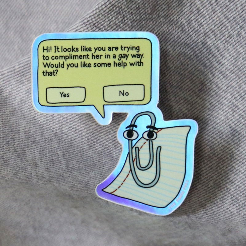 holographic sticker of a paperclip offering gay flirting advice
