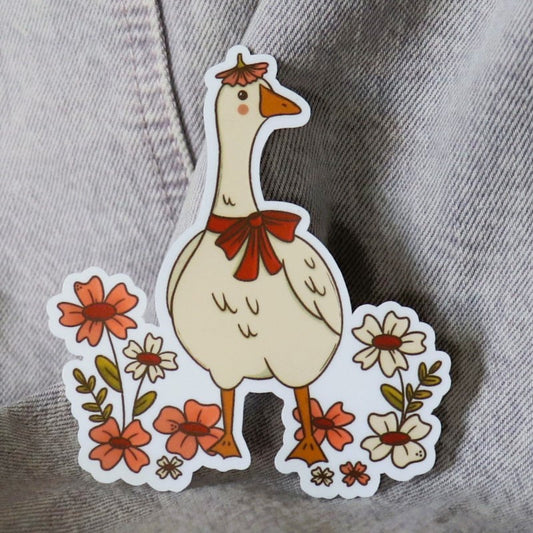 cute sticker featuring a goose and flowers