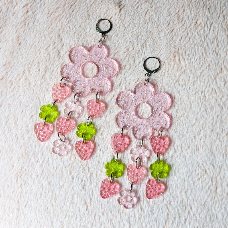 cute glittery acrylic earrings with flowers and strawberries