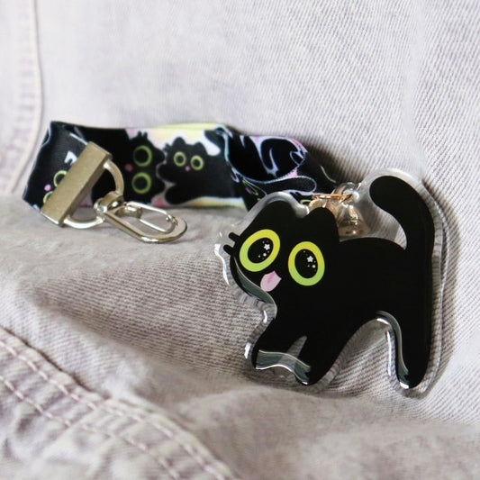 cute black cat keychain and lanyard set