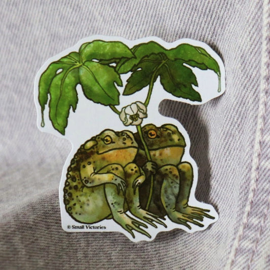 sticker featuring a realistic illustration of two toads under a leaf